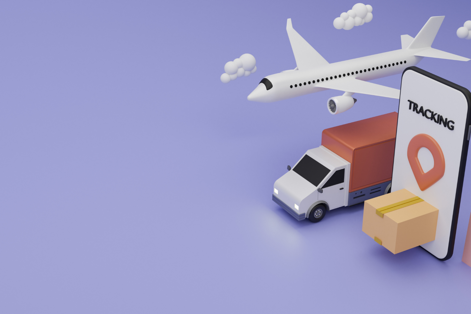 A plane, truck, and phone with a tracking icon sit on the right of a purple field, representing various shipping methods.